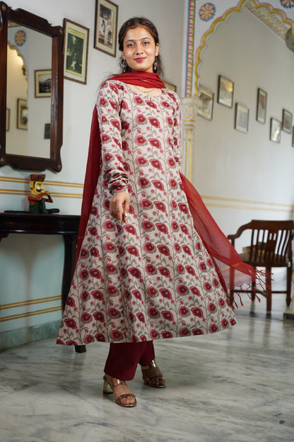 SIENNA(Reddish- Brown Colour) Cotton A Line Suit Set With Plan Kota Doriya Dupatta