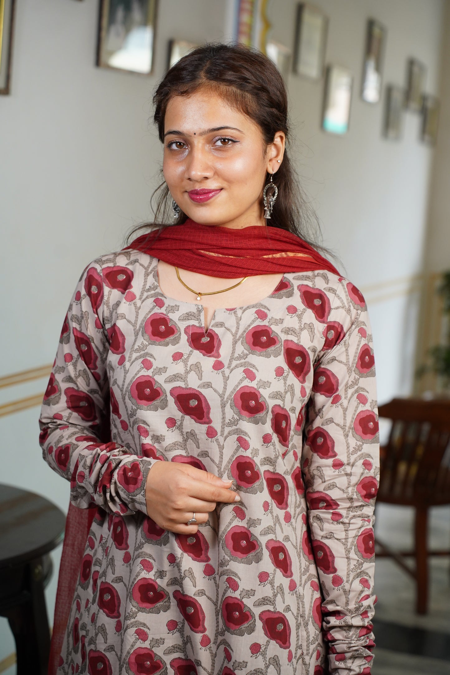 SIENNA(Reddish- Brown Colour) Cotton A Line Suit Set With Plan Kota Doriya Dupatta
