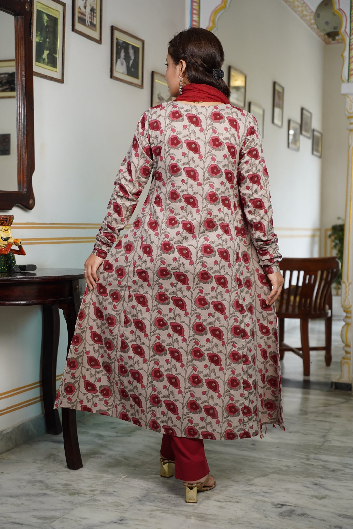 SIENNA(Reddish- Brown Colour) Cotton A Line Suit Set With Plan Kota Doriya Dupatta