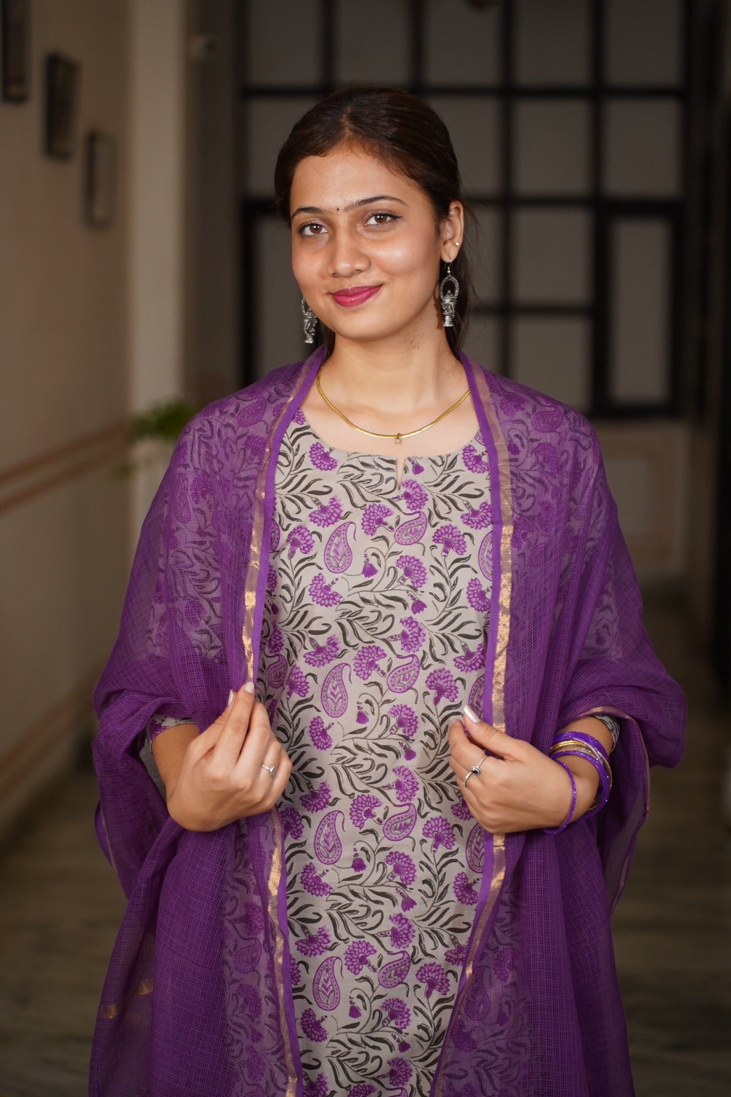 Noor Power In Every Shade Of Purpal block Print Straight kuta With Same Print pant and Plan kota doriya dupatta