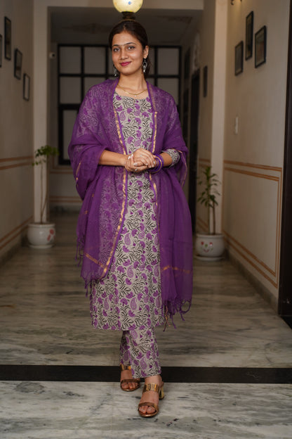 Noor Power In Every Shade Of Purpal block Print Straight kuta With Same Print pant and Plan kota doriya dupatta