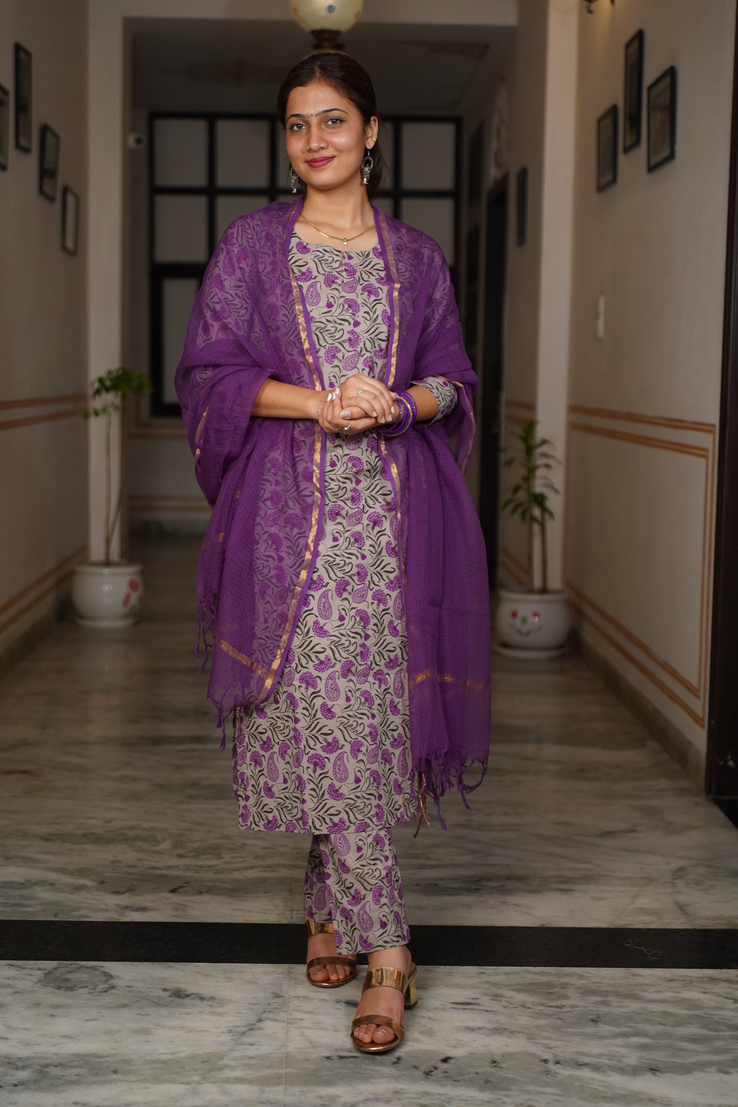 Noor Power In Every Shade Of Purpal block Print Straight kuta With Same Print pant and Plan kota doriya dupatta