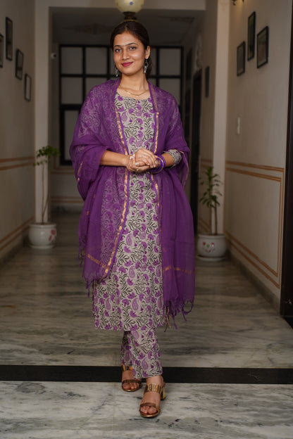 Noor Power In Every Shade Of Purpal block Print Straight kuta With Same Print pant and Plan kota doriya dupatta