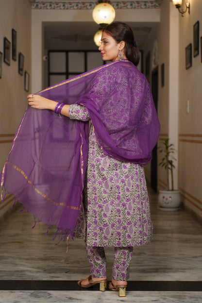 Noor Power In Every Shade Of Purpal block Print Straight kuta With Same Print pant and Plan kota doriya dupatta