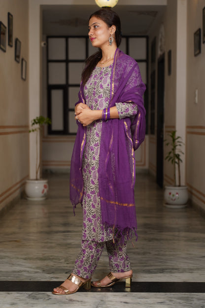 Noor Power In Every Shade Of Purpal block Print Straight kuta With Same Print pant and Plan kota doriya dupatta