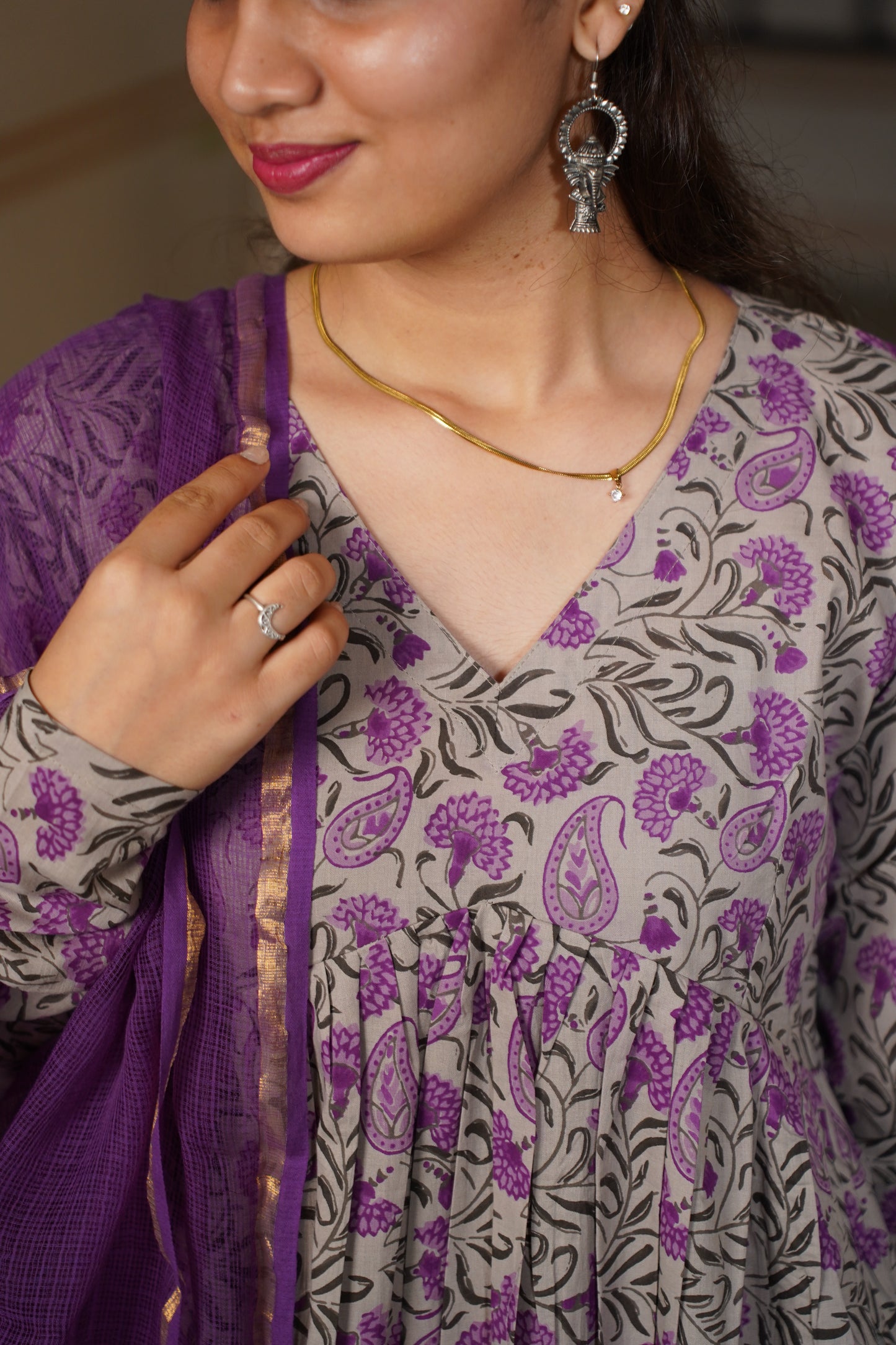 Noor Power In Every Shade Of Purpal block Print Aliya kuta With Same Print pant and Plan kota doriya dupatta