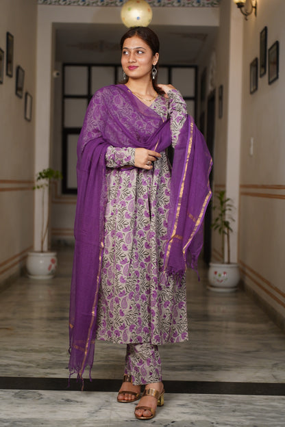 Noor Power In Every Shade Of Purpal block Print Aliya kuta With Same Print pant and Plan kota doriya dupatta