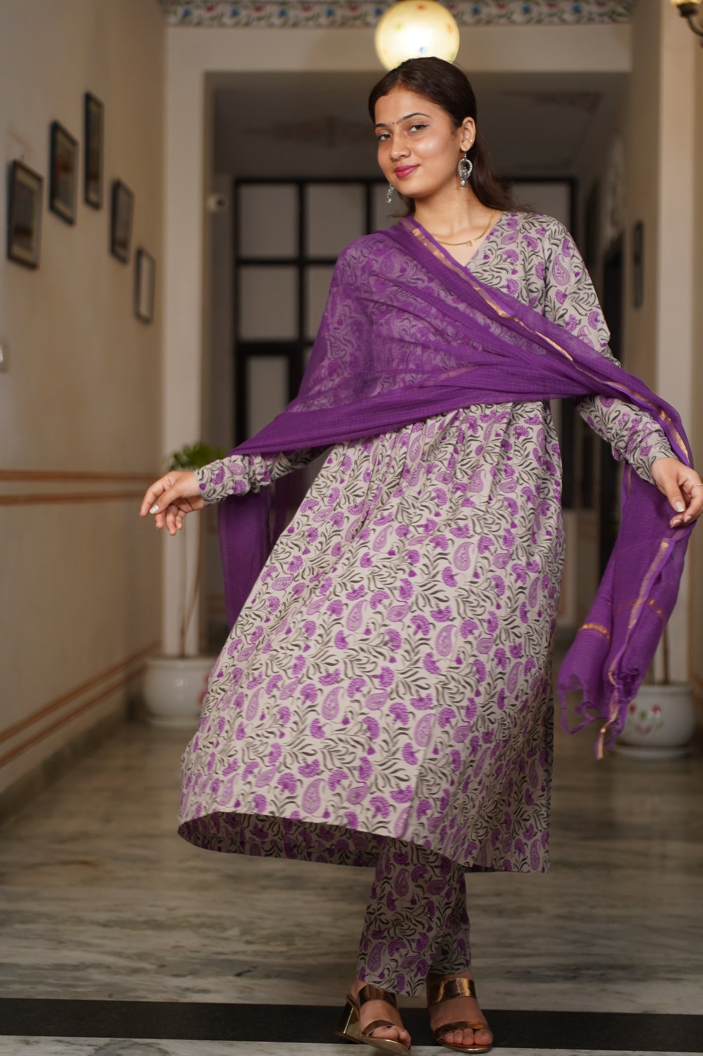 Noor Power In Every Shade Of Purpal block Print Aliya kuta With Same Print pant and Plan kota doriya dupatta