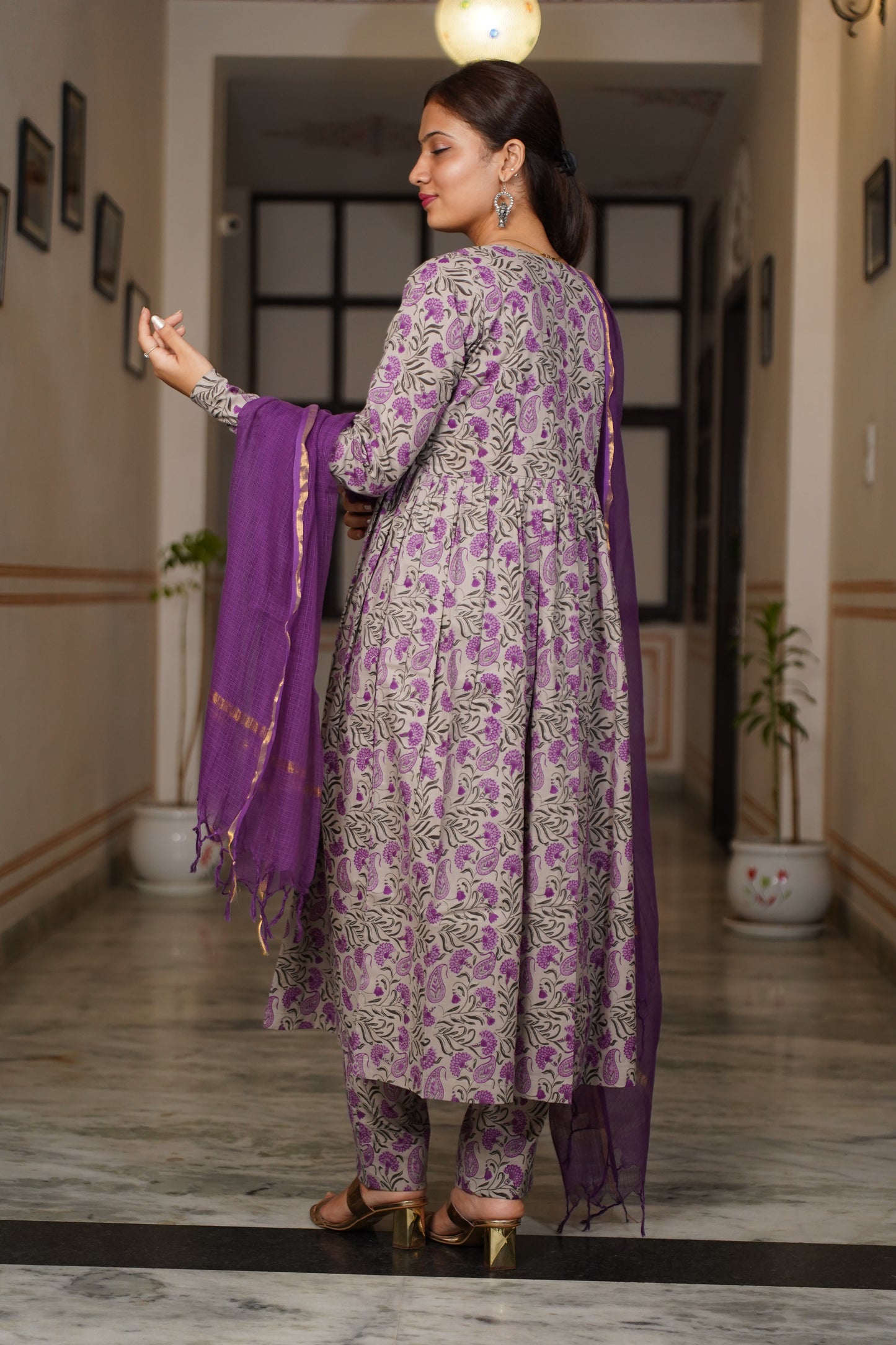 Noor Power In Every Shade Of Purpal block Print Aliya kuta With Same Print pant and Plan kota doriya dupatta