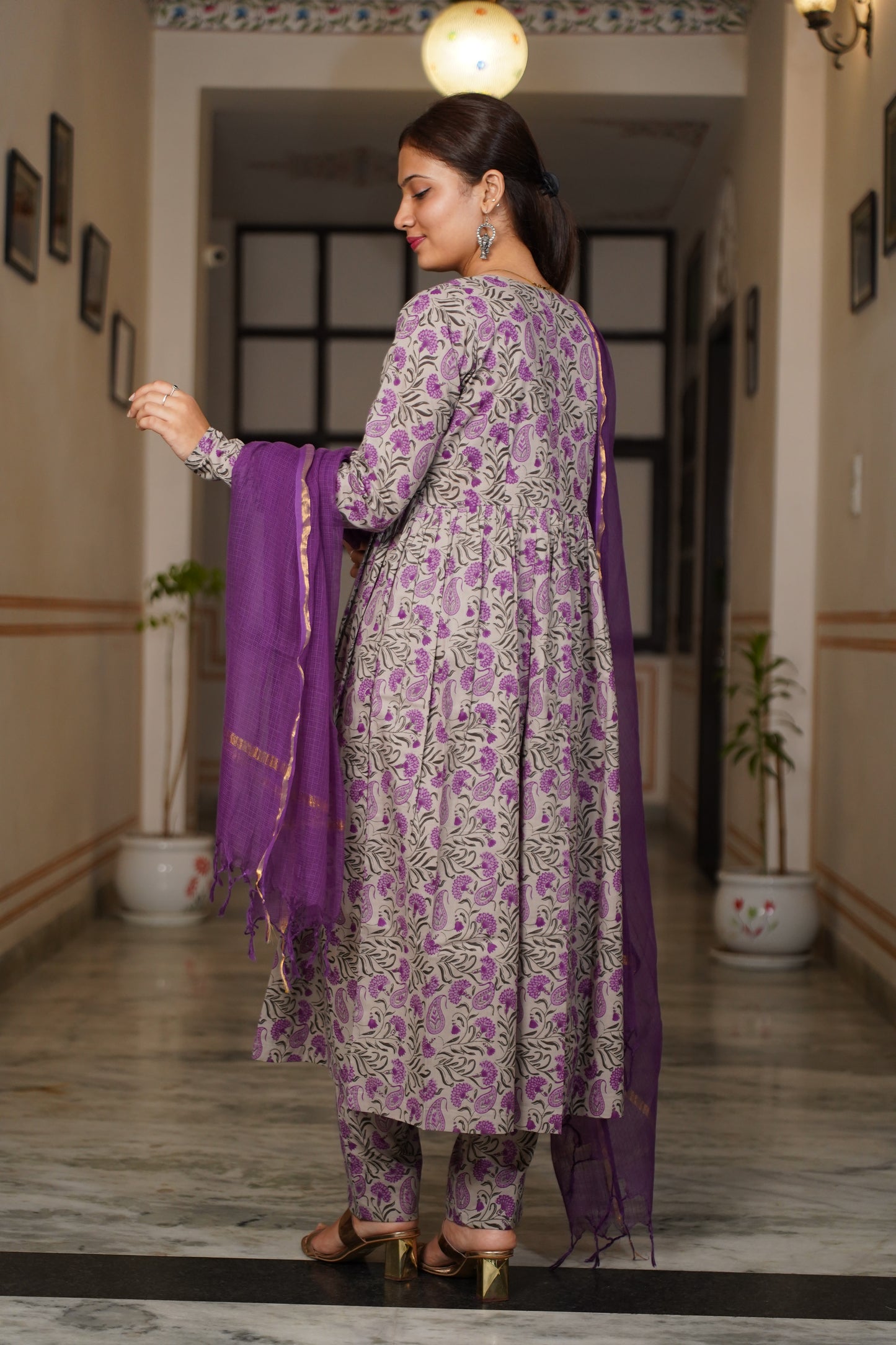 Noor Power In Every Shade Of Purpal block Print Aliya kuta With Same Print pant and Plan kota doriya dupatta
