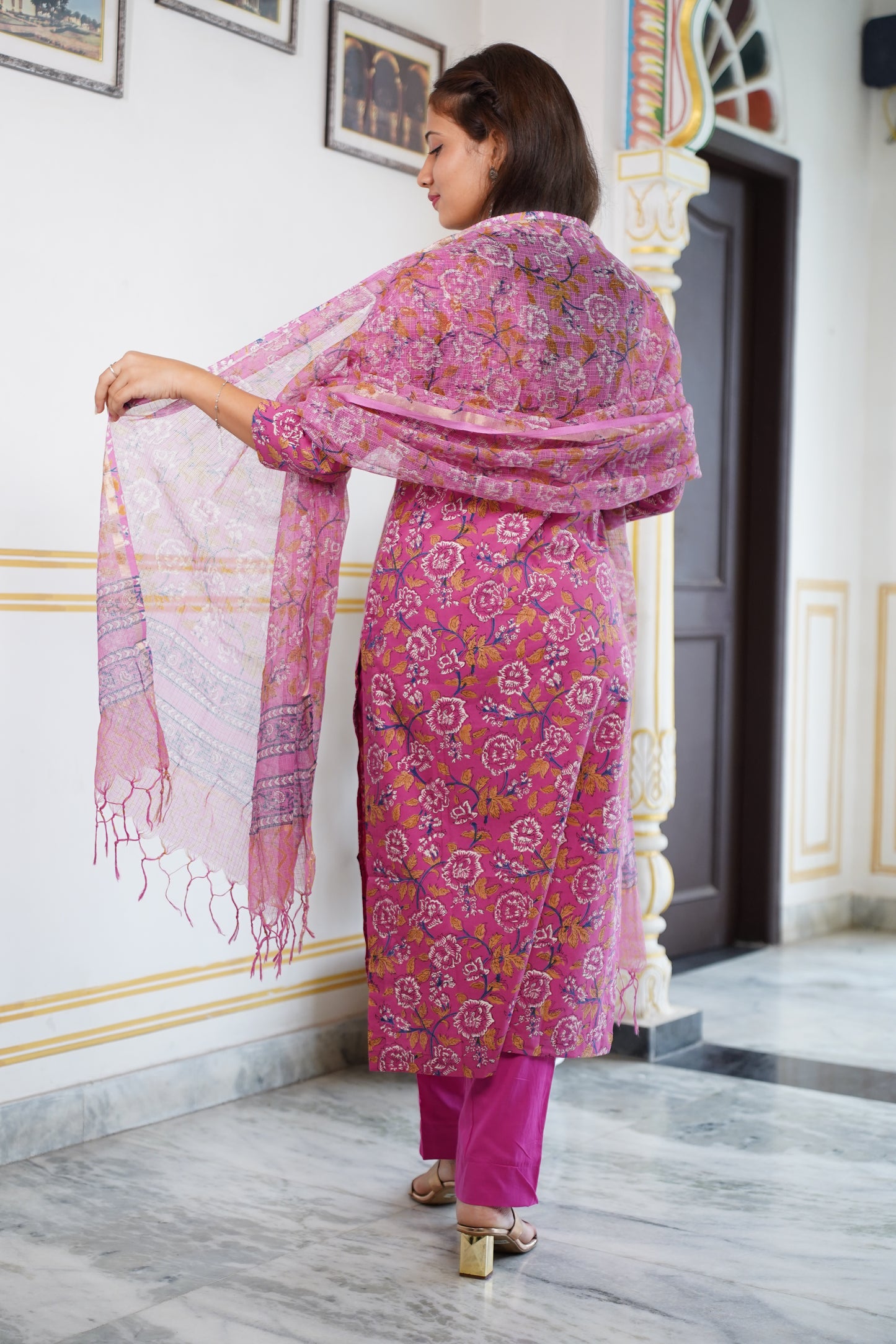 Gulab handblock straight fit kurti with plain pant and kota doriya dupatta