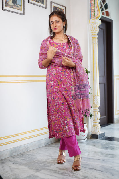 Gulab handblock straight fit kurti with plain pant and kota doriya dupatta
