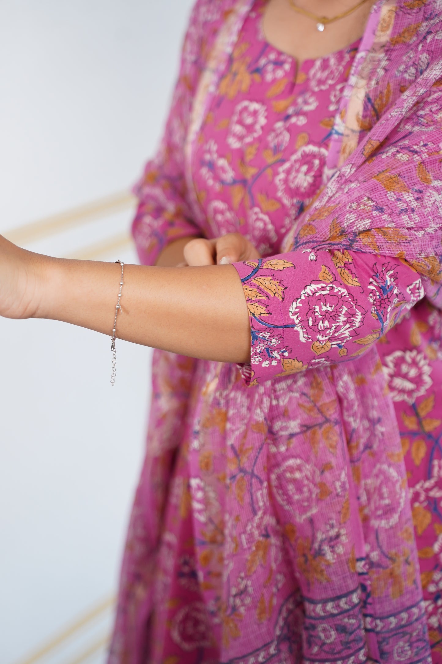 Gulab handblock straight fit kurti with plain pant and kota doriya dupatta