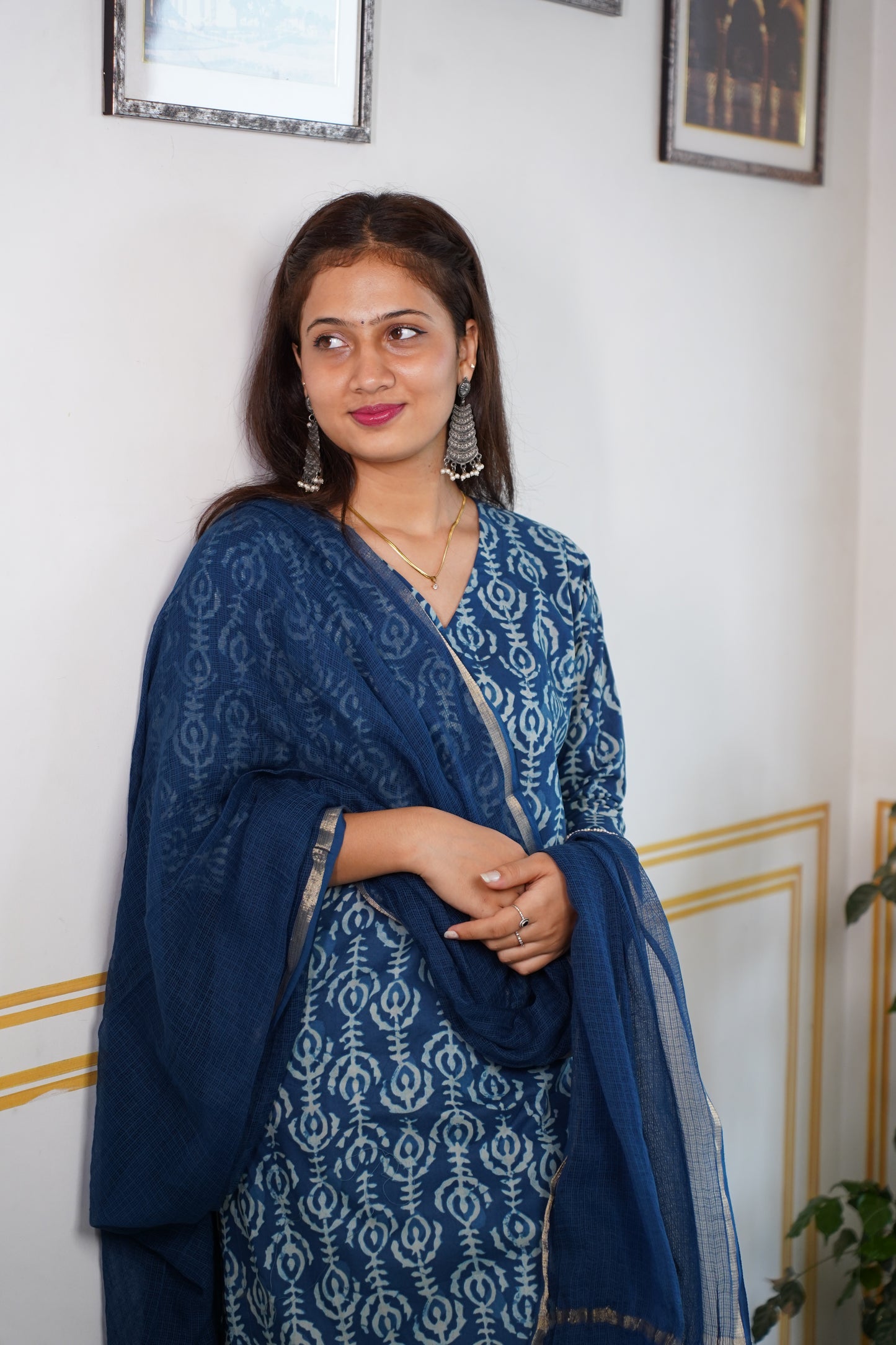 Neelgiri 2 handblock straight fit kurti with plain pant and Plan kota doriya dupatta or Shibori Bhandej Dupatta