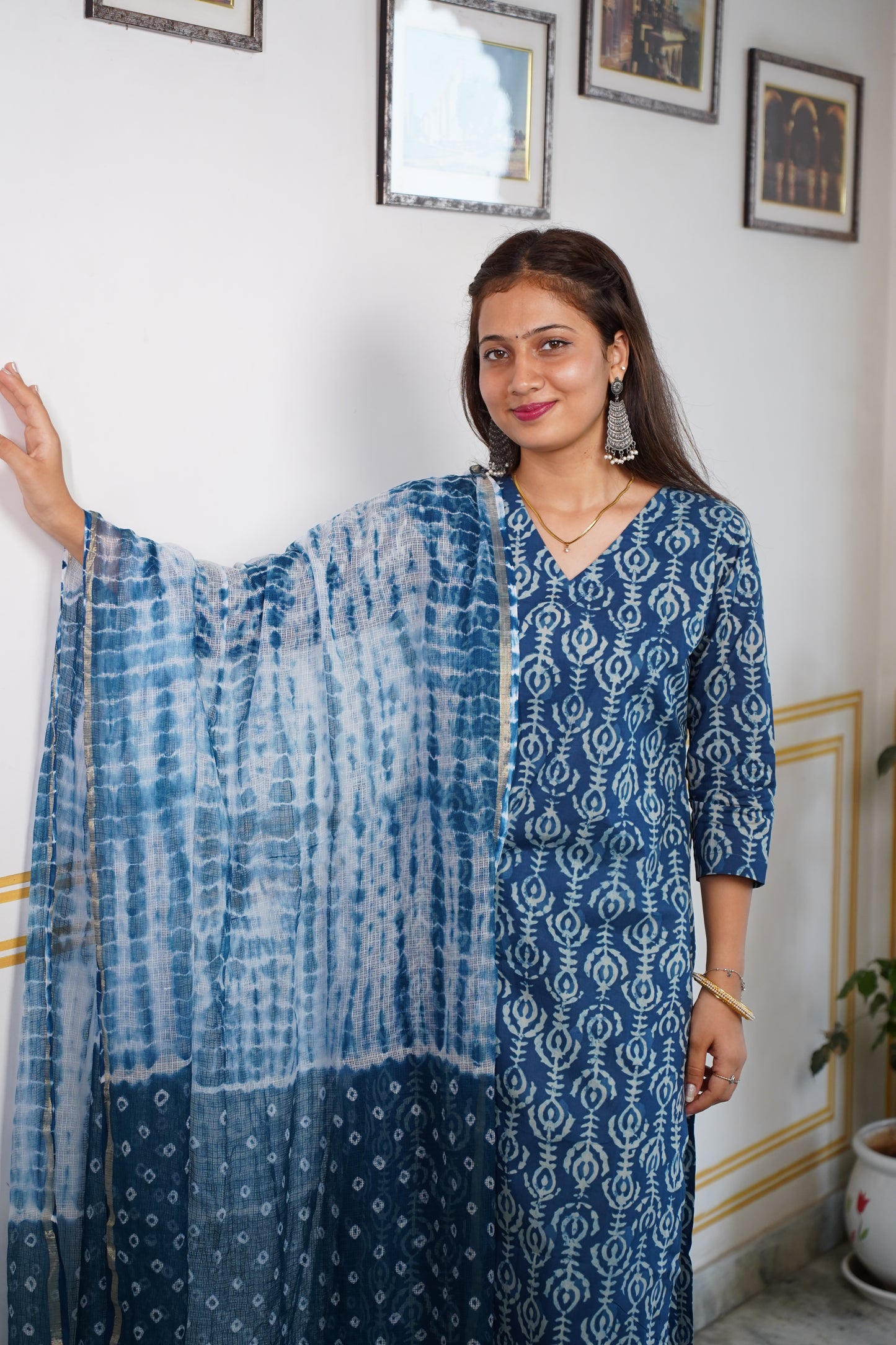 Neelgiri 2 handblock straight fit kurti with plain pant and Plan kota doriya dupatta or Shibori Bhandej Dupatta