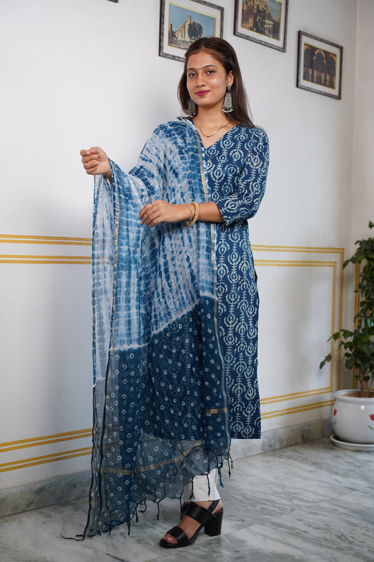Neelgiri 2 handblock straight fit kurti with plain pant and Plan kota doriya dupatta or Shibori Bhandej Dupatta