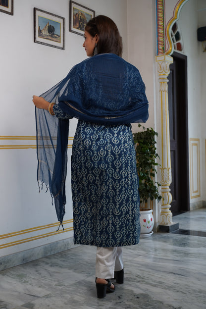 Neelgiri 2 handblock straight fit kurti with plain pant and Plan kota doriya dupatta or Shibori Bhandej Dupatta