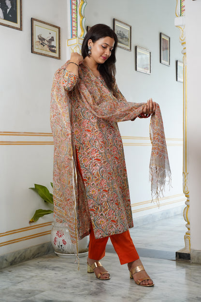Noor handblock straight fit kurti with plain pant and kota doriya dupatta