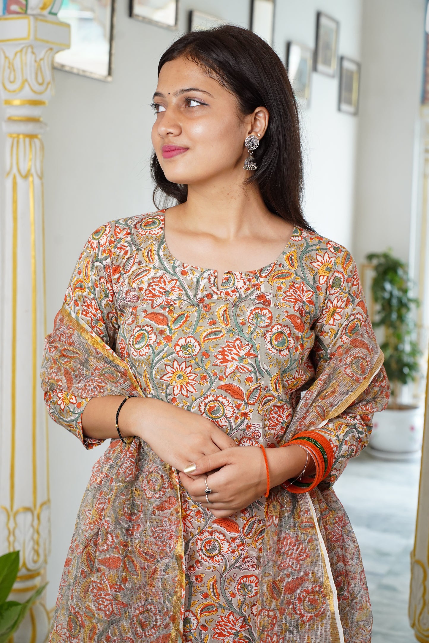 Noor handblock straight fit kurti with plain pant and kota doriya dupatta
