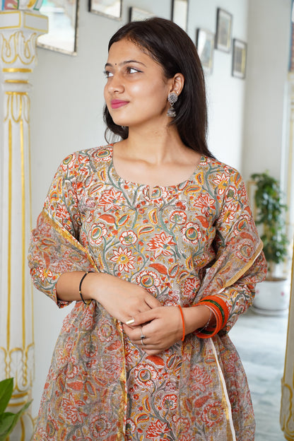 Noor handblock straight fit kurti with plain pant and kota doriya dupatta