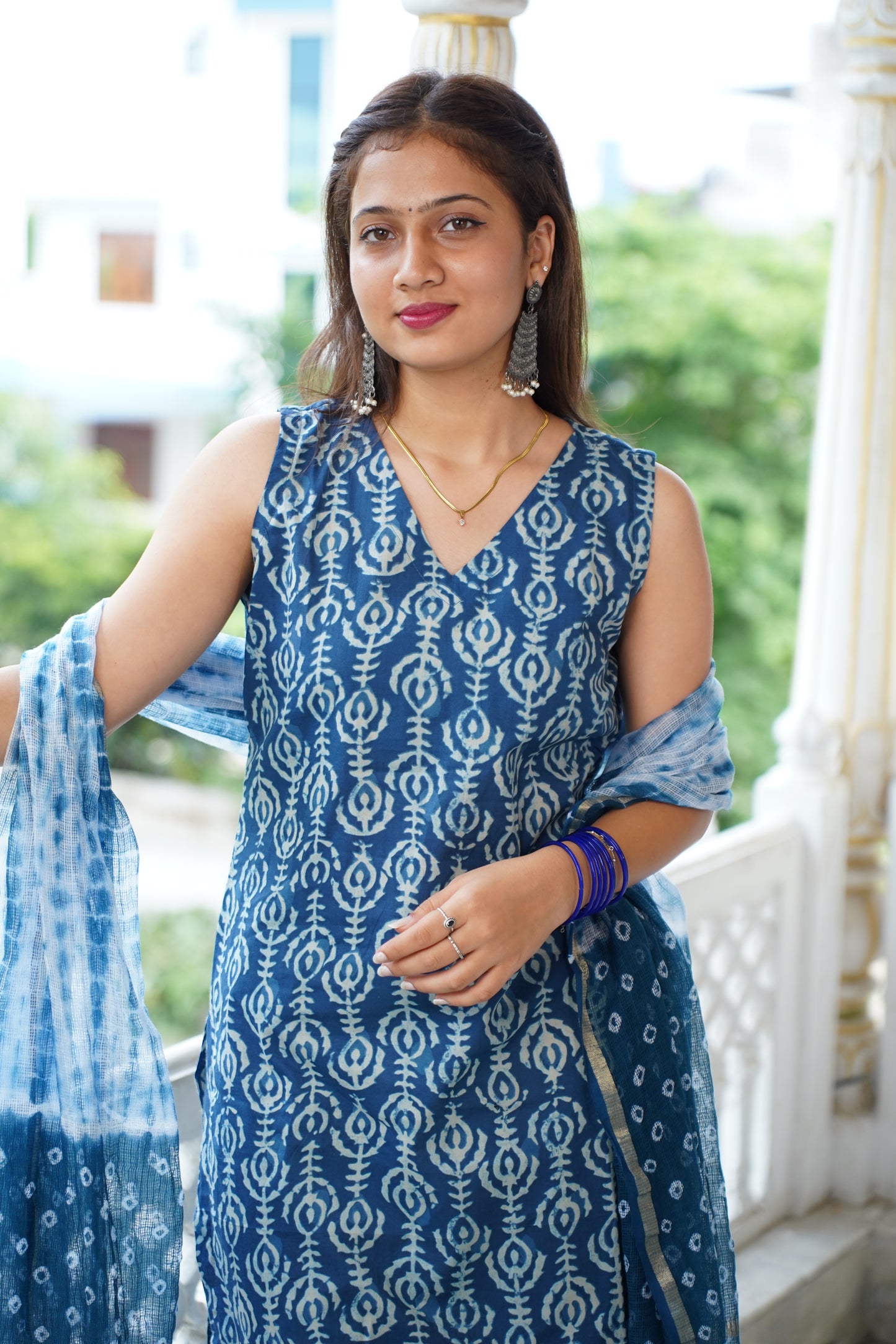 Neelgiri 2 handblock straight fit kurti with plain pant and Plan kota doriya dupatta or Shibori Bhandej Dupatta