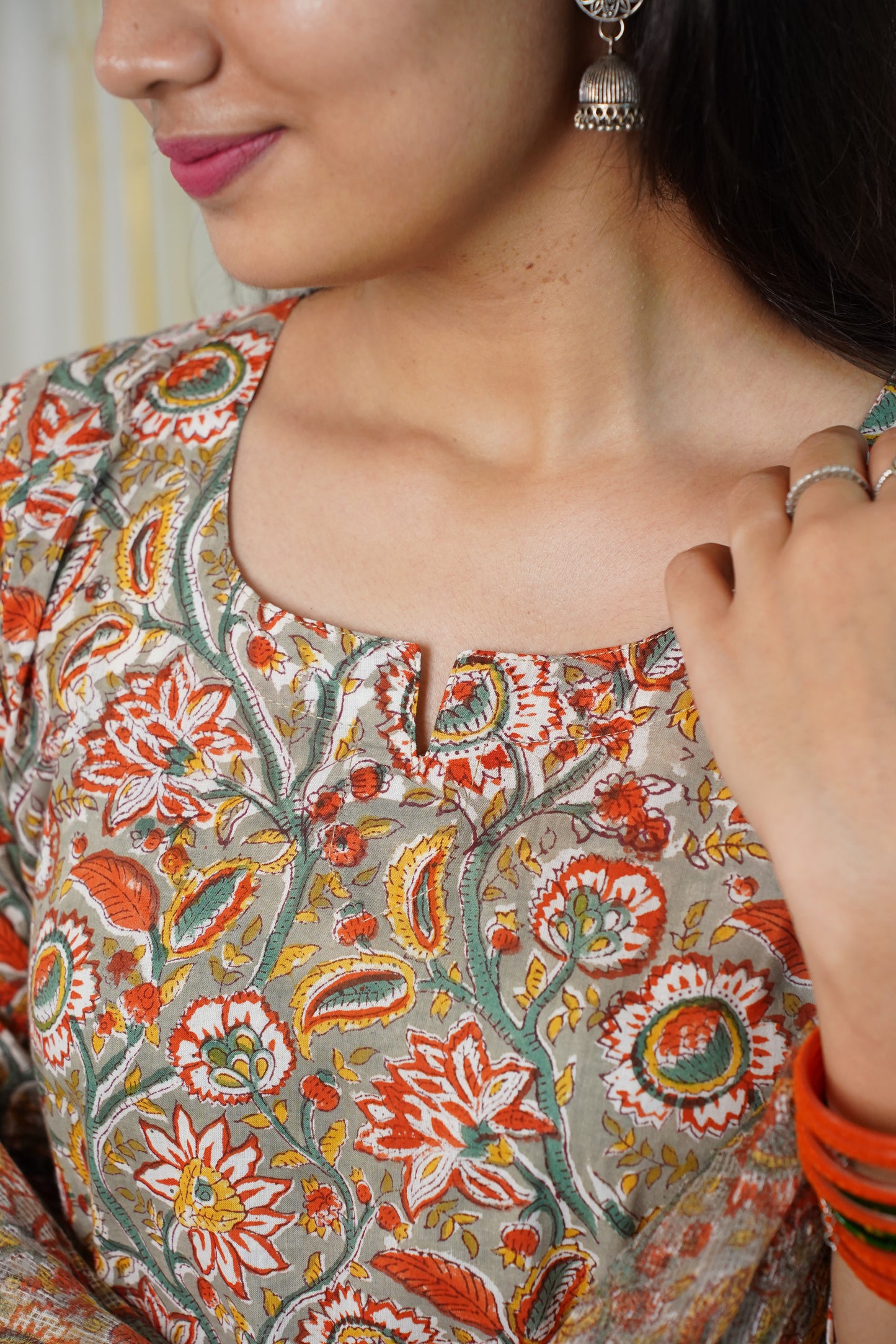 Noor handblock straight fit kurti with plain pant and kota doriya dupatta