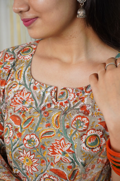 Noor handblock straight fit kurti with plain pant and kota doriya dupatta