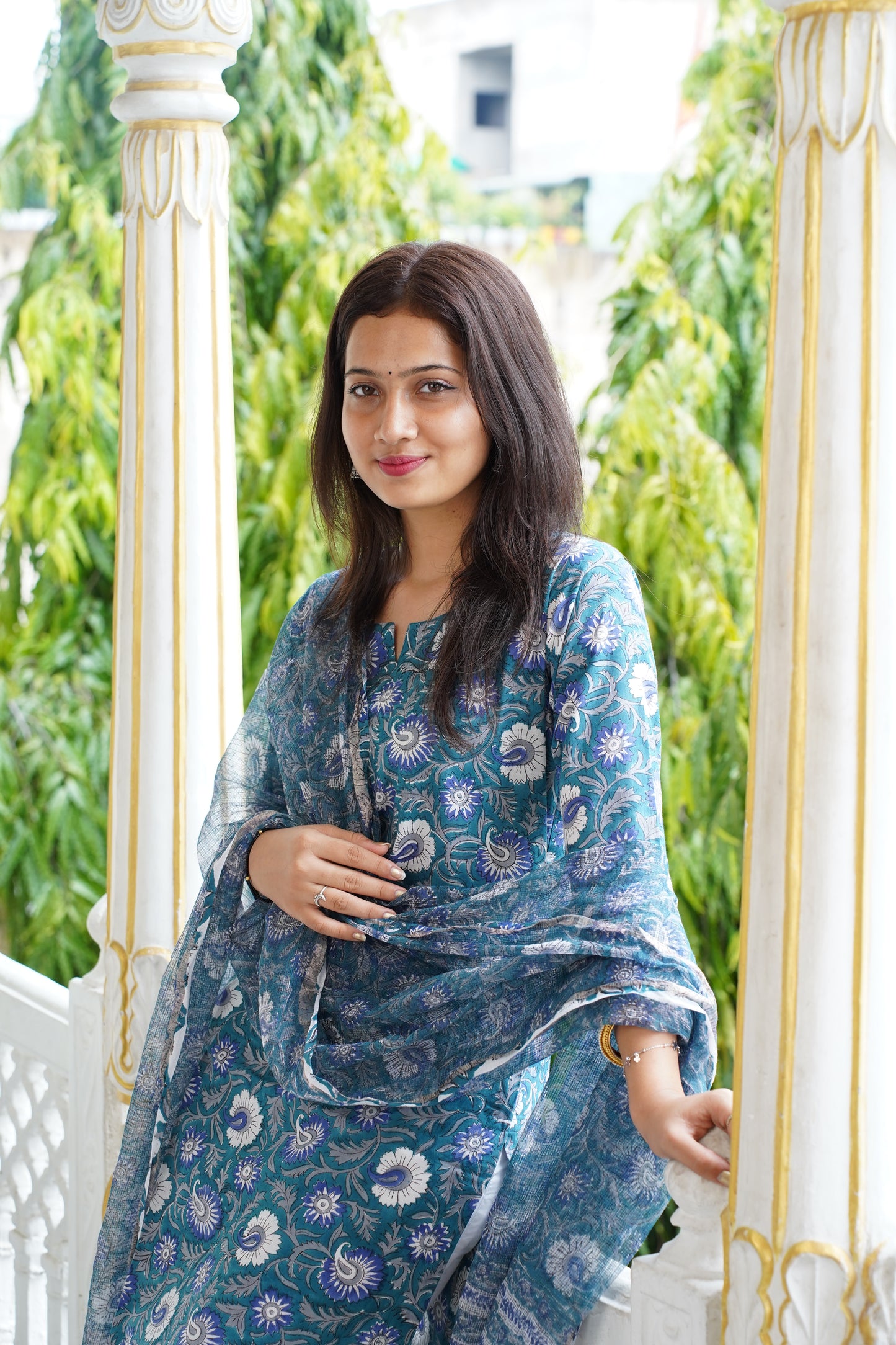 Neelgiri handblock straight fit kurti with plain pant and kota doriya dupatta