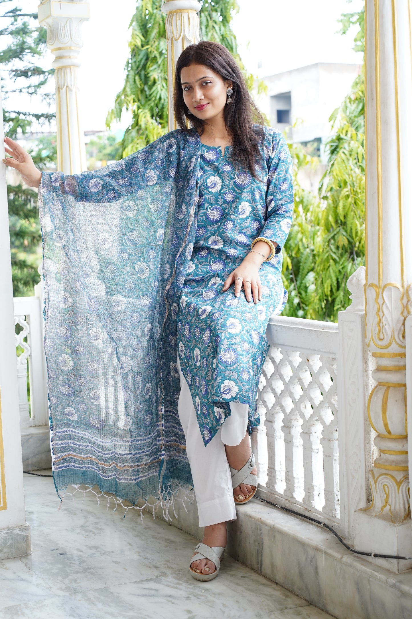 Neelgiri handblock straight fit kurti with plain pant and kota doriya dupatta