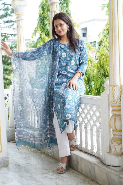 Neelgiri handblock straight fit kurti with plain pant and kota doriya dupatta