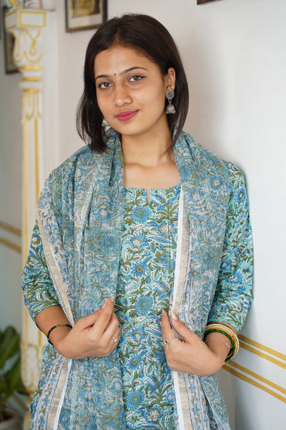 Arsh handblock straight fit kurti with plain pant and kota doriya dupatta