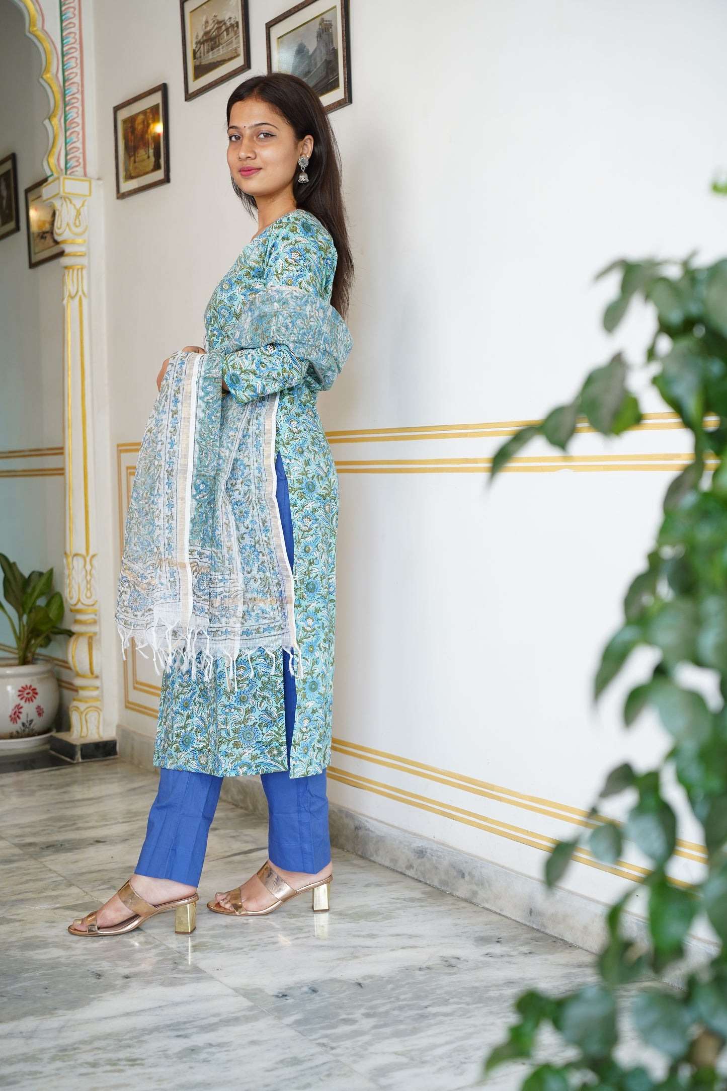 Arsh handblock straight fit kurti with plain pant and kota doriya dupatta