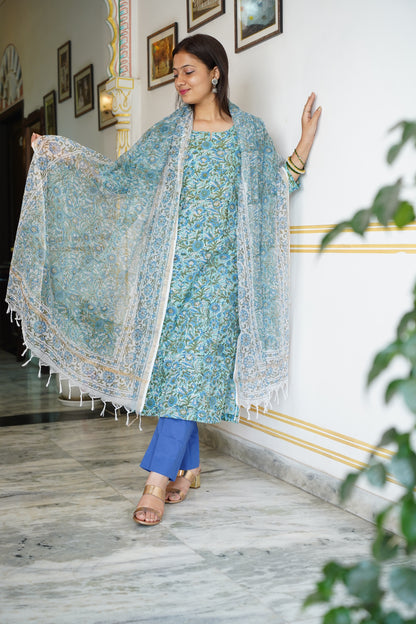 Arsh handblock straight fit kurti with plain pant and kota doriya dupatta
