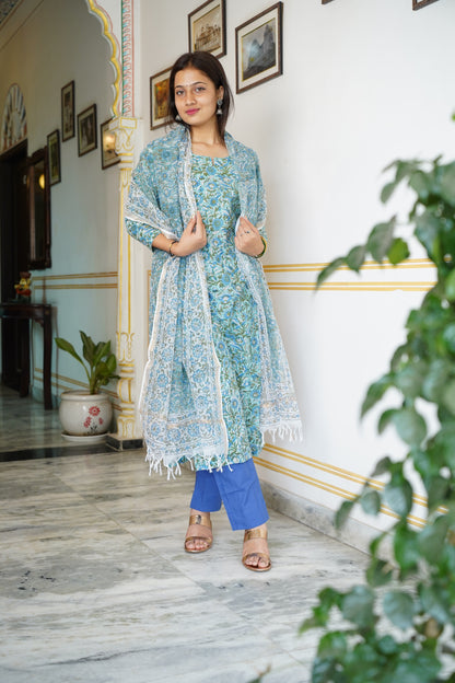 Arsh handblock straight fit kurti with plain pant and kota doriya dupatta
