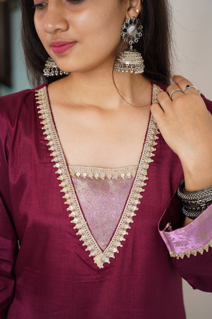 Santoon suit with brocade and golden lace work on neck and sleeves