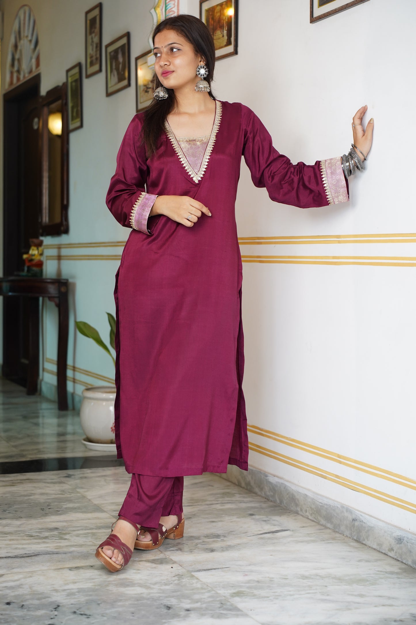 Santoon suit with brocade and golden lace work on neck and sleeves