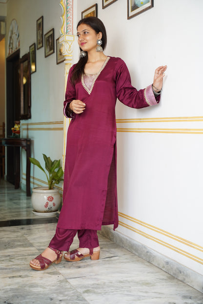 Santoon suit with brocade and golden lace work on neck and sleeves