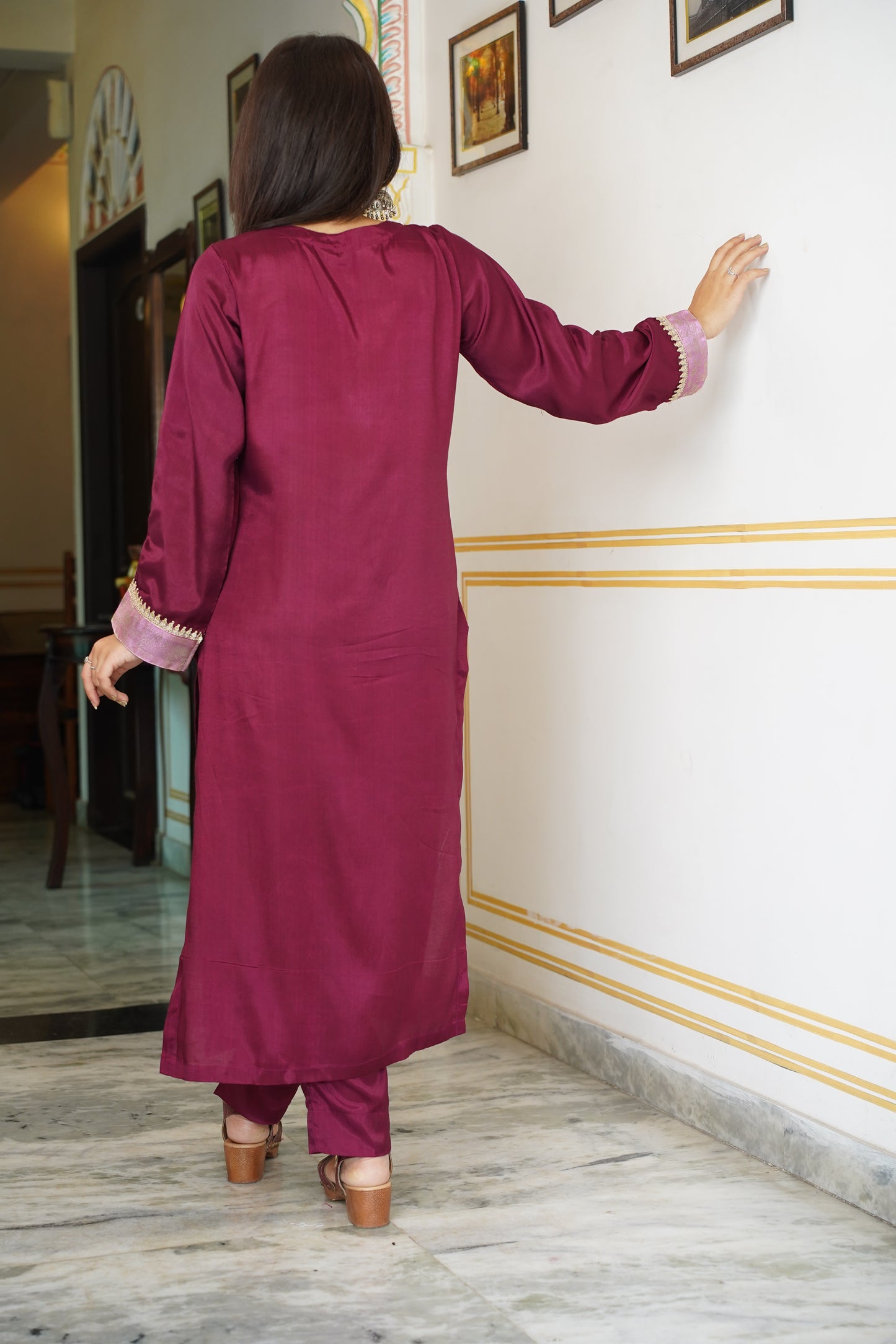 Santoon suit with brocade and golden lace work on neck and sleeves