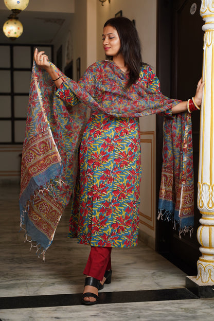 Madhuban handblock straight fit kurti with plain pant and kota doriya dupatta