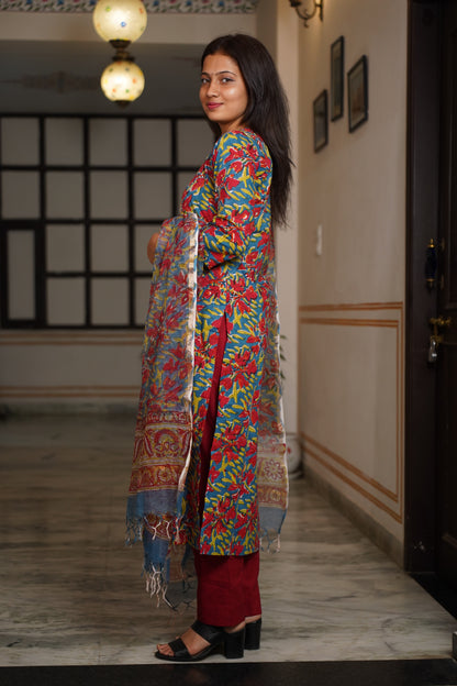 Madhuban handblock straight fit kurti with plain pant and kota doriya dupatta