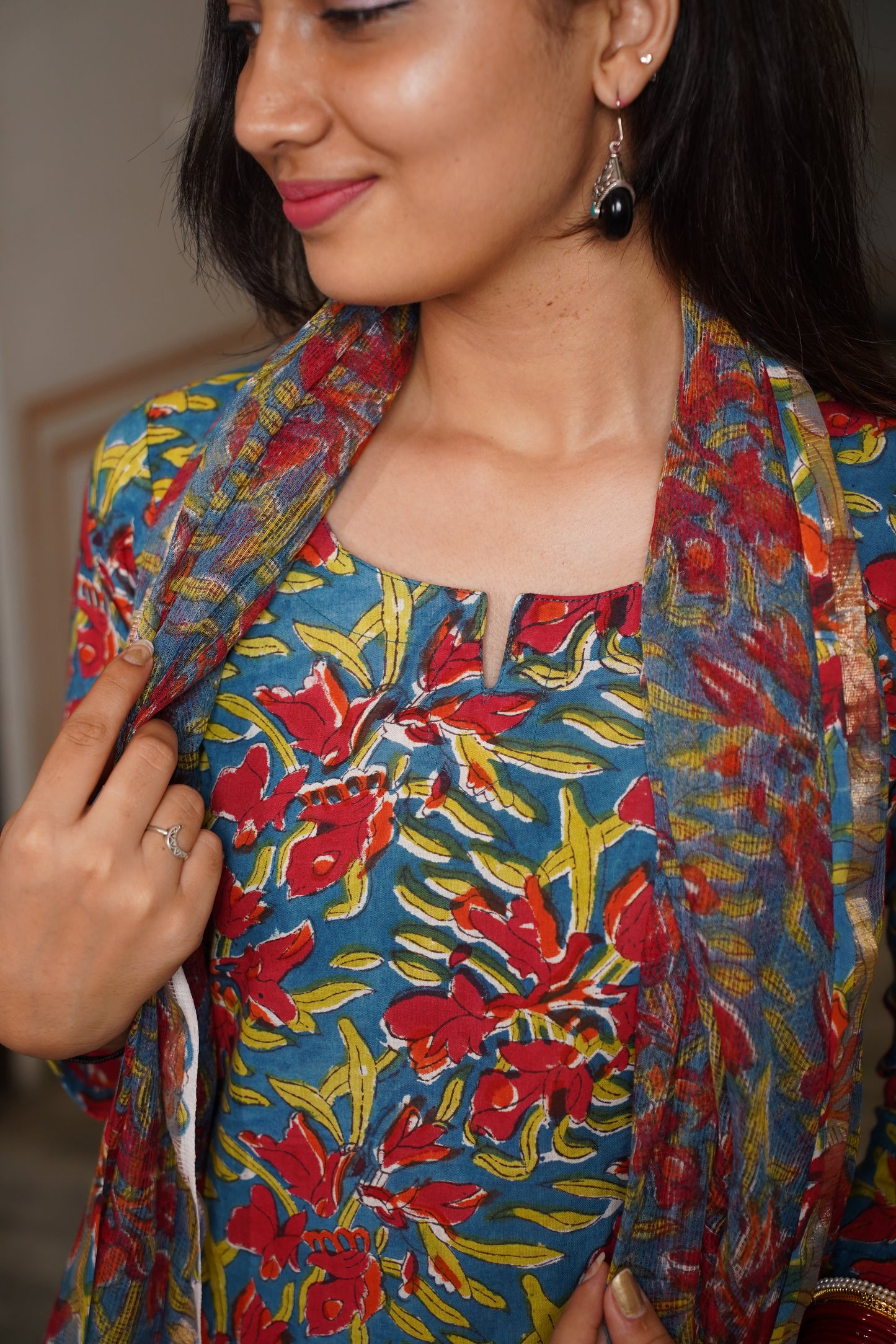 Madhuban handblock straight fit kurti with plain pant and kota doriya dupatta