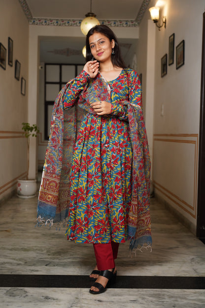 Madhuban handblock Alia kurti with plain pant and kota doriya dupatta