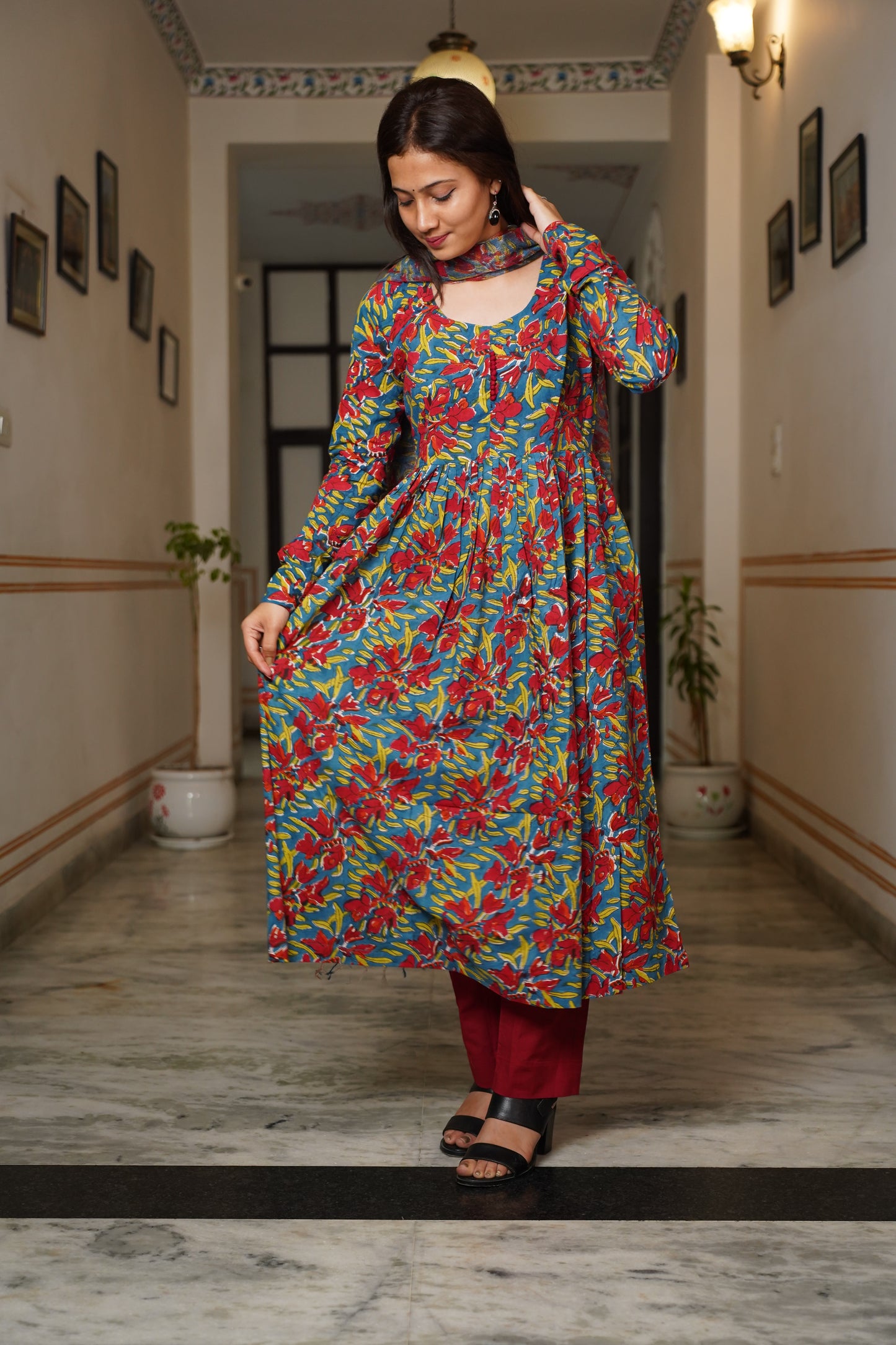 Madhuban handblock Alia kurti with plain pant and kota doriya dupatta