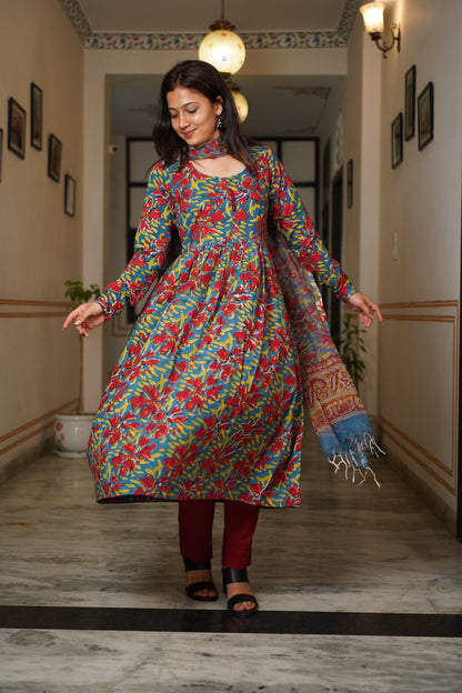 Madhuban handblock Alia kurti with plain pant and kota doriya dupatta