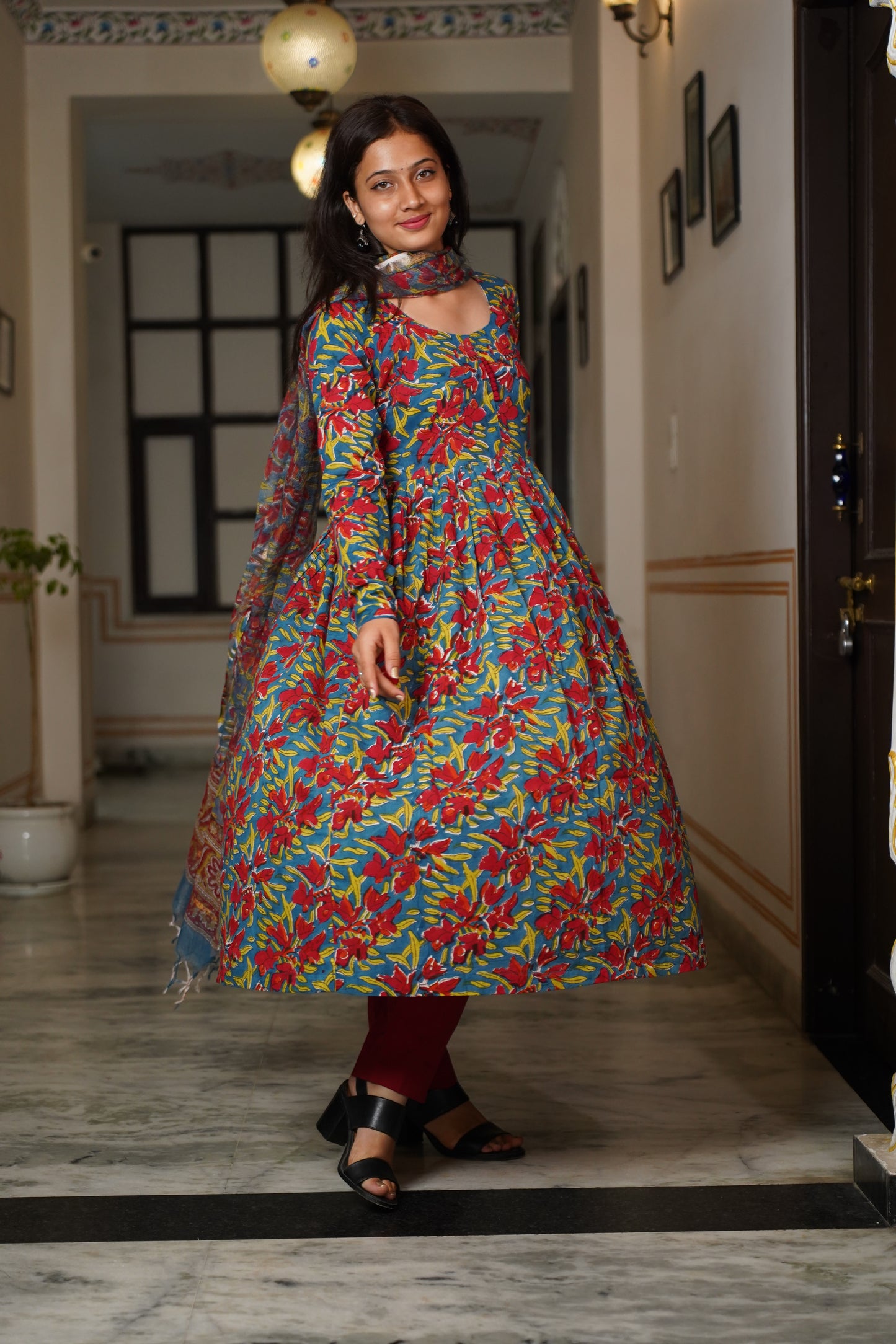 Madhuban handblock Alia kurti with plain pant and kota doriya dupatta