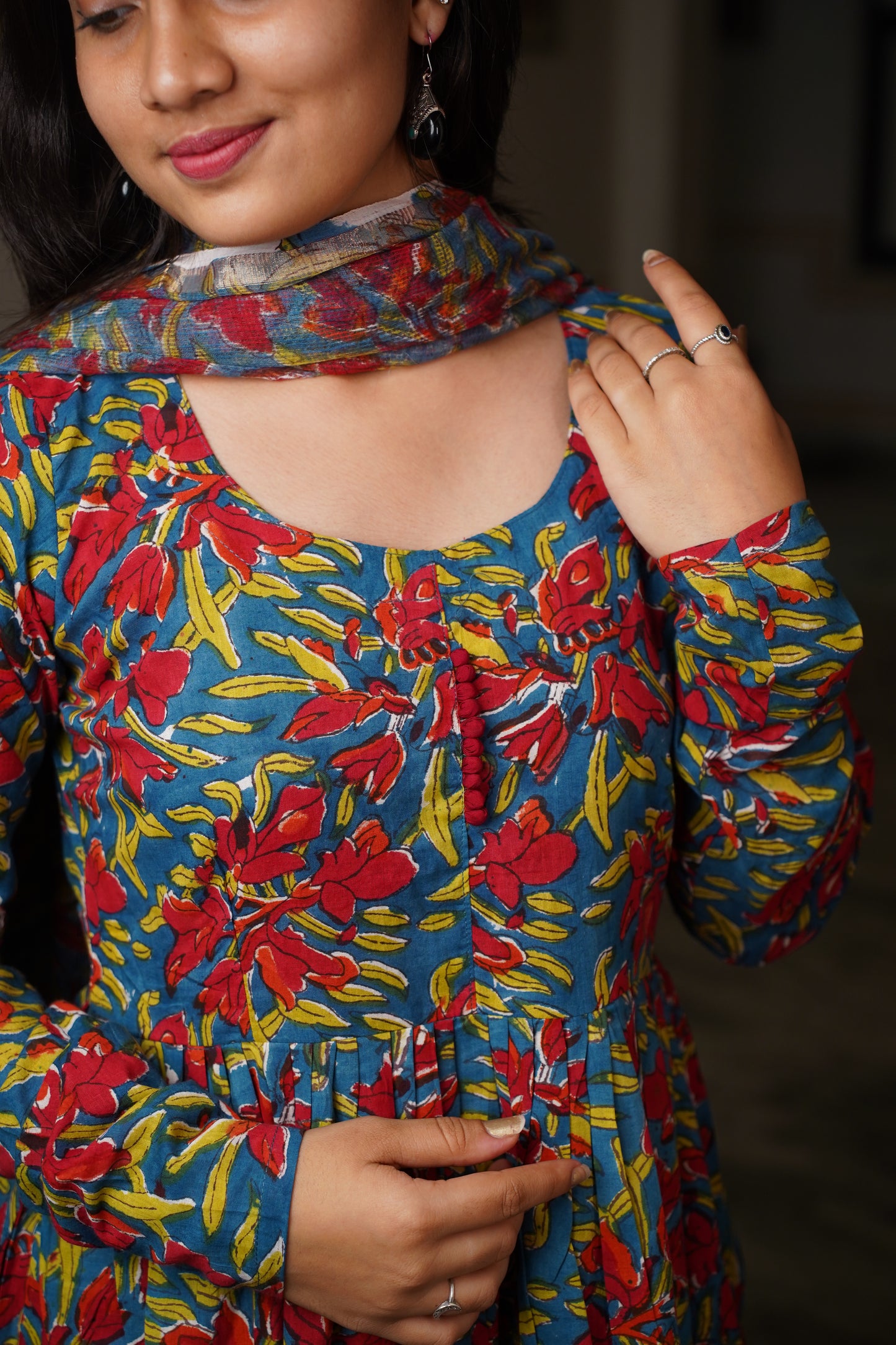 Madhuban handblock straight fit kurti with plain pant and kota doriya dupatta