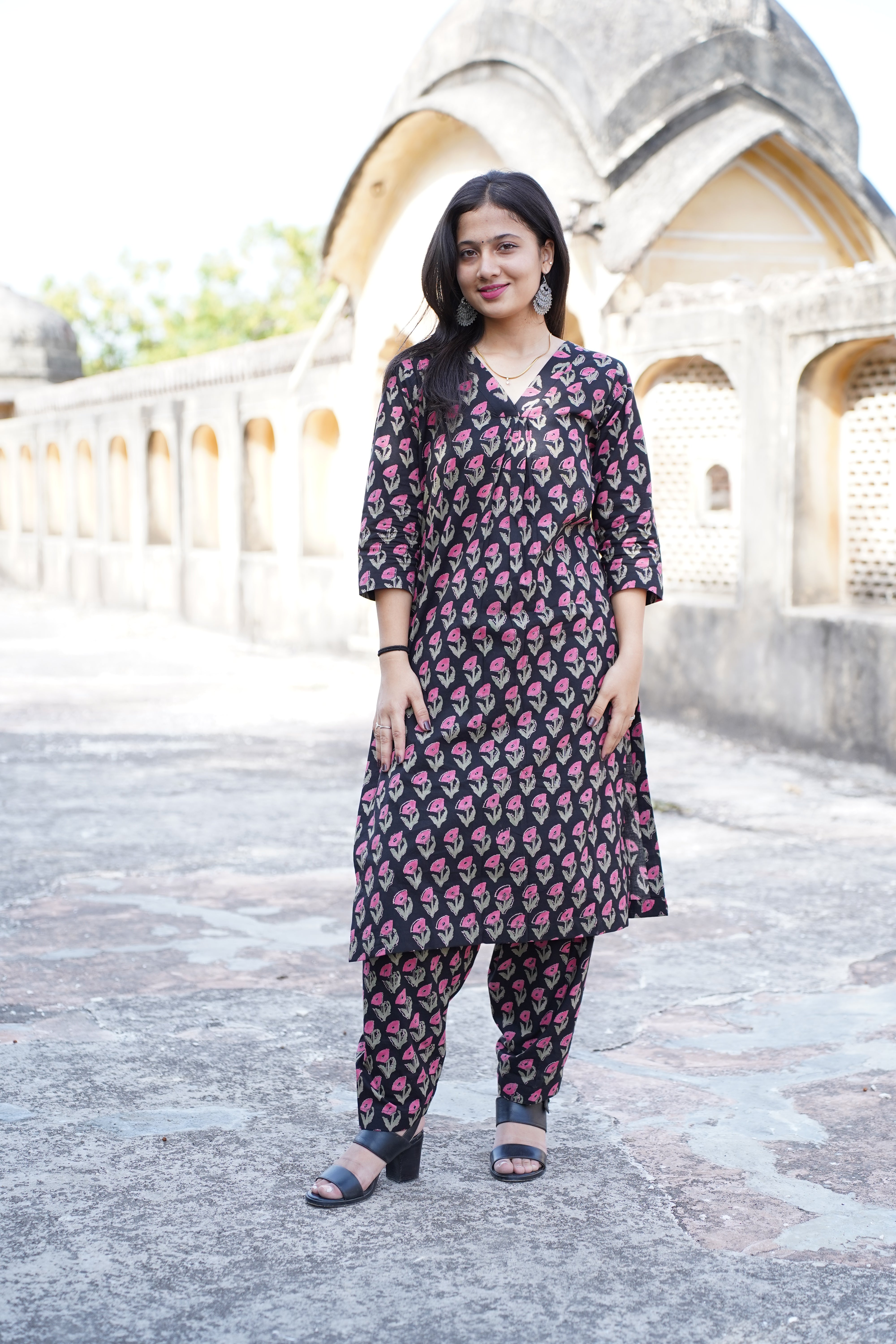 Gulabi Shaam Handblock Print Front Gather Kurti with Salwar