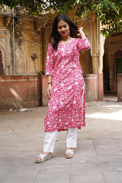 Gulaabi Noor Handblock Print Straight Kurti with Plain Pant & Kota Doriya Dupatta