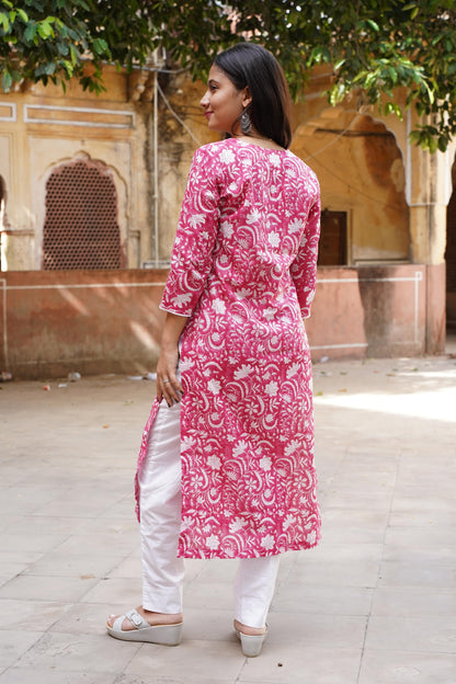 Gulaabi Noor Handblock Print Straight Kurti with Plain Pant & Kota Doriya Dupatta