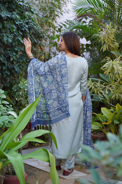 "Neelkamal" Straight Satin Kurta and plan Pant with Kota doriya dupatta